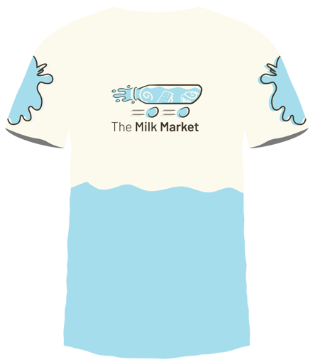 This is a T-shirt mockup. The background color of this T-shirt is
			off-white in color. The left and right sleeve have a blue splotch with and
			offset, dark brown outline. The top center part of the T-shirt contains The
			Milk Market's logo, and below it is a block of sky blue bordered at the top
			with a wave-like pattern.